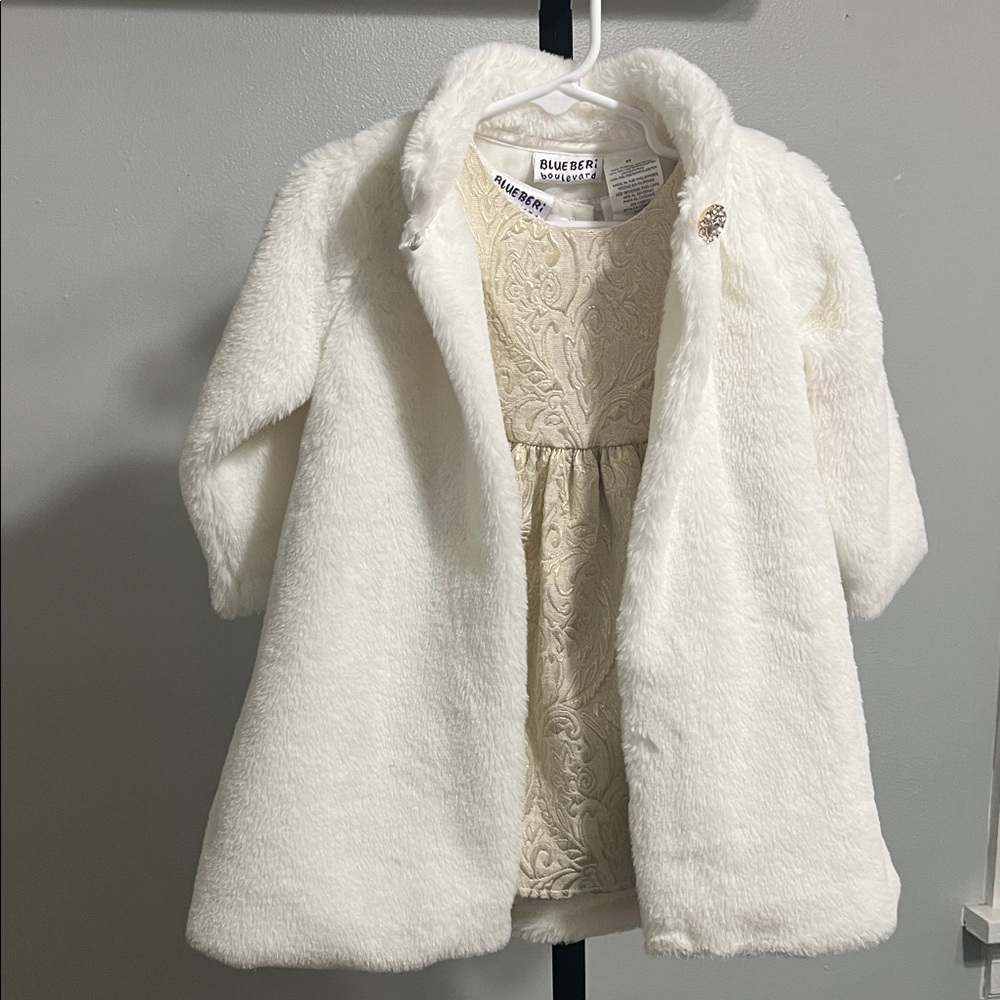 BLUEBERI BOULEVARD SZ 2T GIRLS 2 pc DRESS AND FUR COAT CHRISTMAS DRESS COAT #550